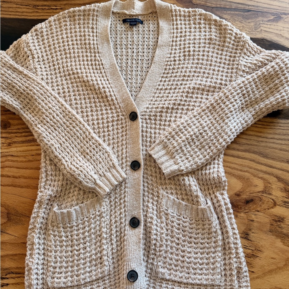 American Eagle Waffle Knit Cardigan XS Cream Chunky Cozy Button Front